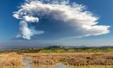 ETNA:COLONNA ERUTTIVA ALTA 12 KILOMETRI, FONTANE DI LAVA E CENERE DAL CRATERE SUD-EST